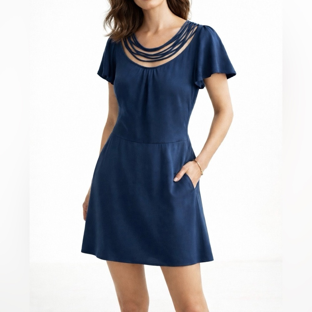 Loeffler Randall Silk Fit & Flare Mini Dress Navy Blue Pockets Size 2
